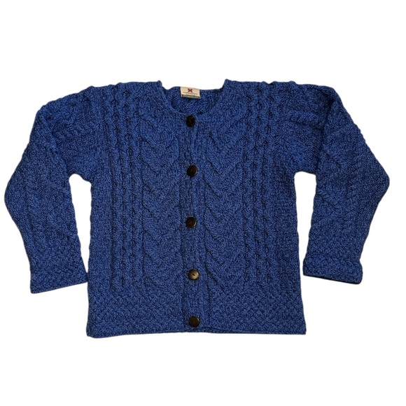 Vintage Carraig Donn Irish Merino Wool Aran Cable Knit Cardigan Speckled Blue M - Picture 10 of 11